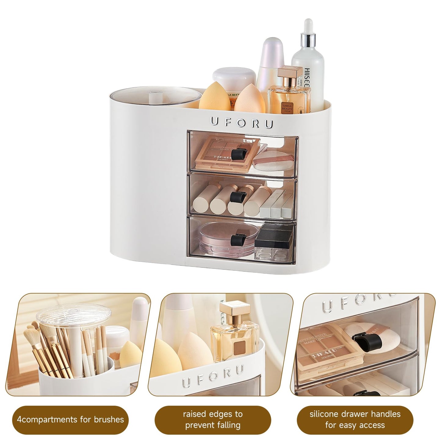 UFORU Makeup Organizer with Pop-Up Brush Holder for Dresser Vanity, Plastic Bathroom Counter Organizer with 3 Drawers & Dust-Proof Cover, Cosmetic Display Case for Lipstick, Skincare, White