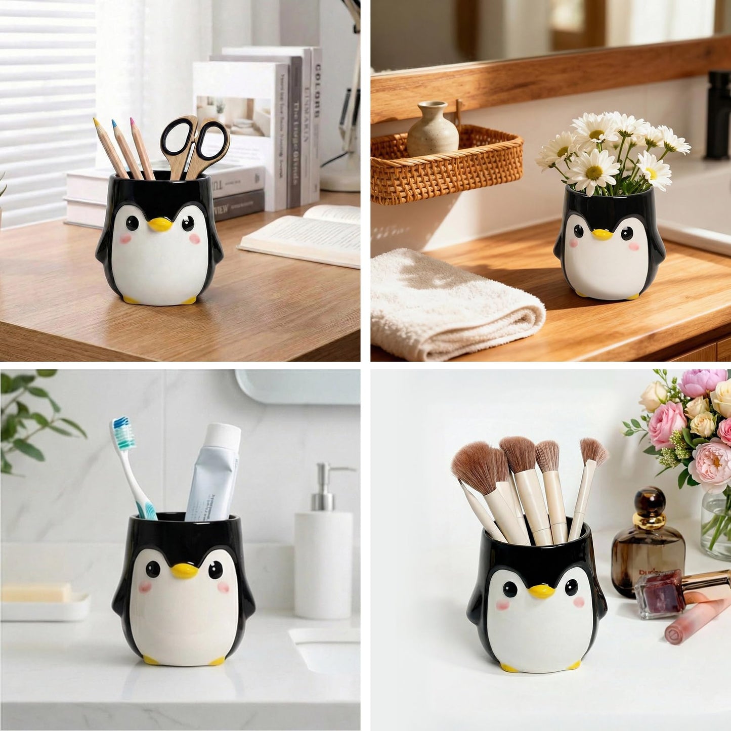 RunaFun Penguin Pen Holder, Cute Pencil Cup, Ceramic Office Decor，Multifunctional Toothbrush Holder & Makeup Brush Storage, Gift for Couples Coworkers，Male Penguin