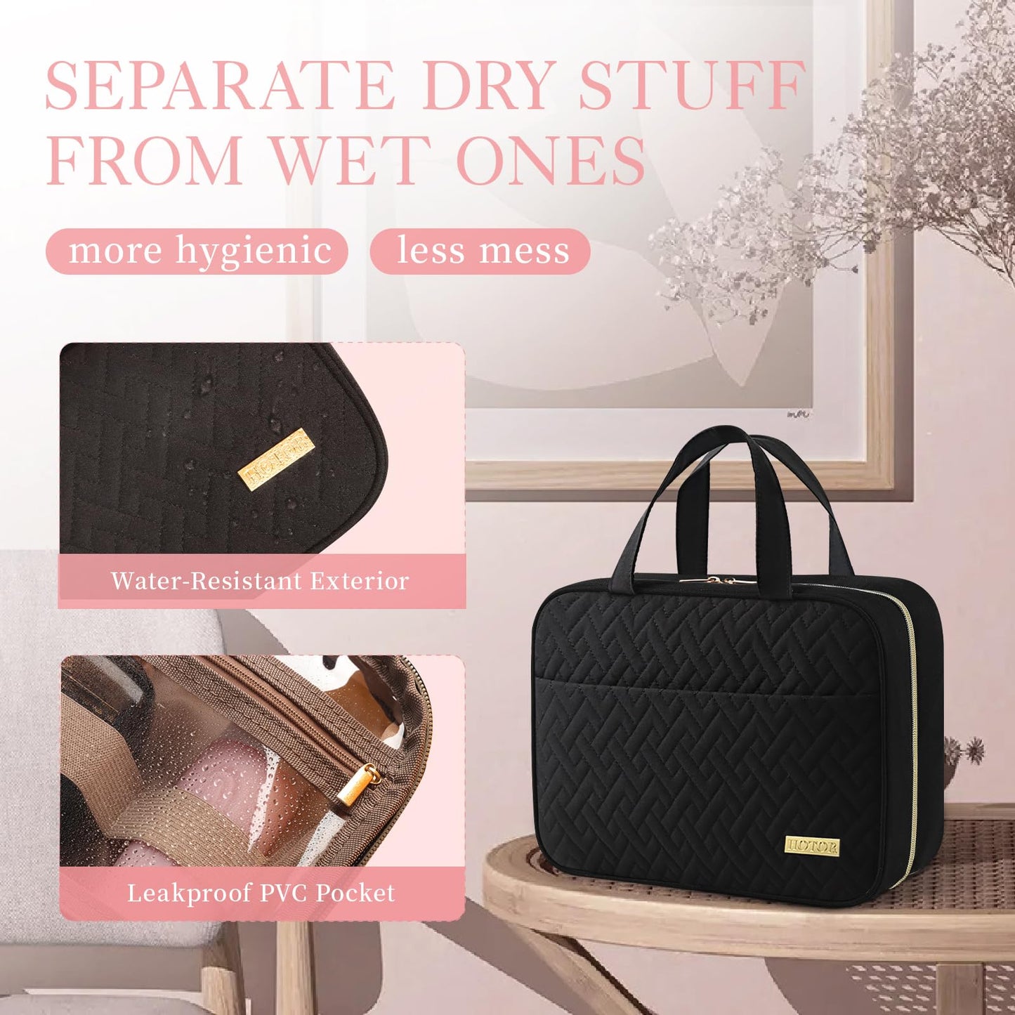 HOTOR Travel Toiletry Bag - Hanging Toiletry Bag for Women & Men, Makeup Bag/Big Comparment, Waterproof for Travel Accessories, Travel Essentials, Medium, Black