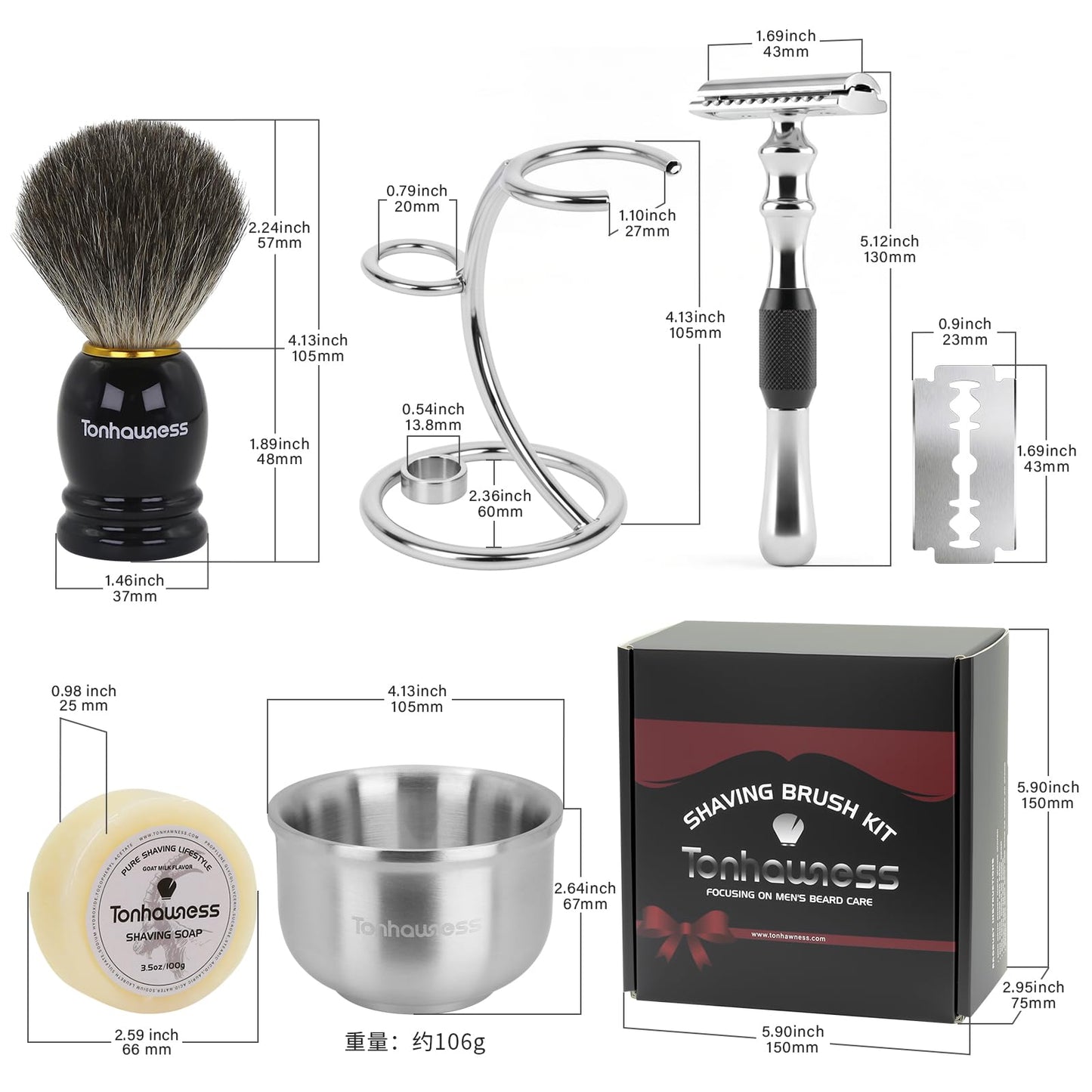 Shaving Brushes Set For Men, 5 In 1 Shaving Brush Kit Includes Badger Hair Shave Brush, Safety Men's Razor, Stainless Steel Shaving Bowl, Shaving Stand and Soap (Black Handle With Razor)