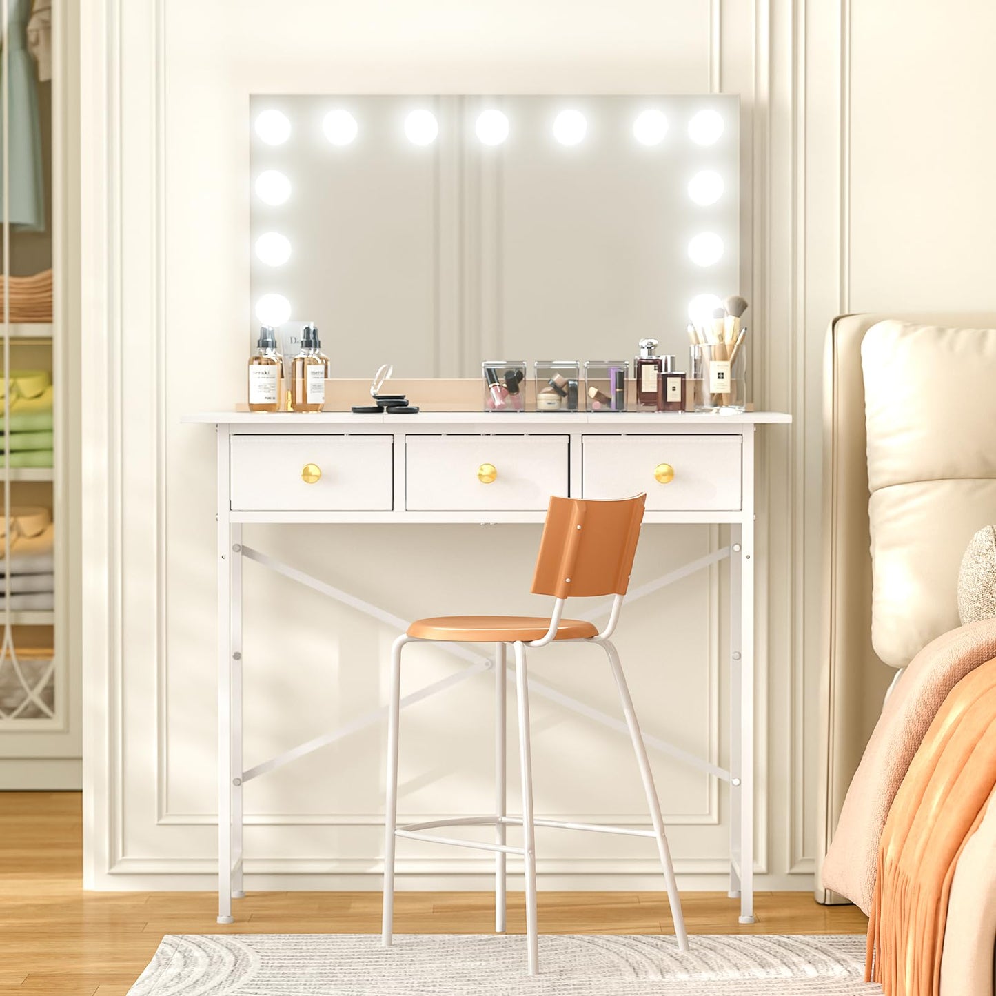 DAOUTIME Makeup Vanity Desk No Mirror, 37.2 Inch Vanity with 3 Drawers, Girls Vanity Dressing Table for Bedroom, Small Vanity Table Home Office Desk for Small Spaces, White
