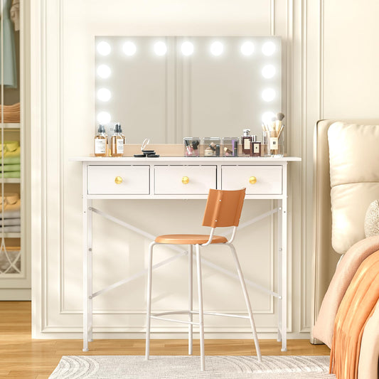 DAOUTIME Makeup Vanity Desk No Mirror, 37.2 Inch Vanity with 3 Drawers, Girls Vanity Dressing Table for Bedroom, Small Vanity Table Home Office Desk for Small Spaces, White