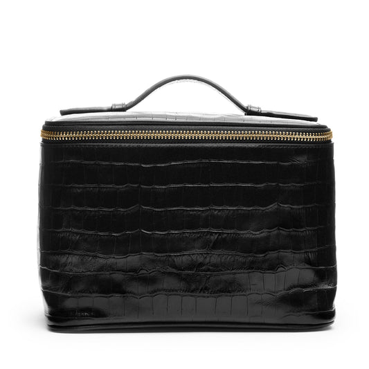 Leatherology Premium Black Croc Medium Train Case – Leather Travel Makeup & Toiletry Bag with Water-Resistant Lining, Mesh Pockets & Zip Closure for Organized Beauty Essentials