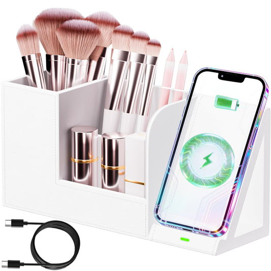 LADSTAG Makeup Brush Holder Organizer with Phone Charging Stand Leather Cosmetic Cup for Perfume, Nail Polish, Lipstick & Art Supplies | Vanity, Bathroom & Desktop Organizer