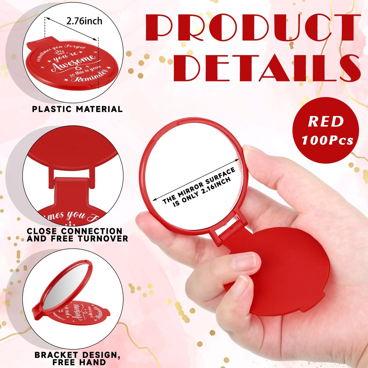 Gulfmew 100 Pcs 2.76 Inch Inspirational Compact Mirror Bulk Women Small Gifts Graduation Mothers Day Party Favors Purse Mirror Pocket Mini Items for Adult Coworker Cheerleader Swag Bag (Red)