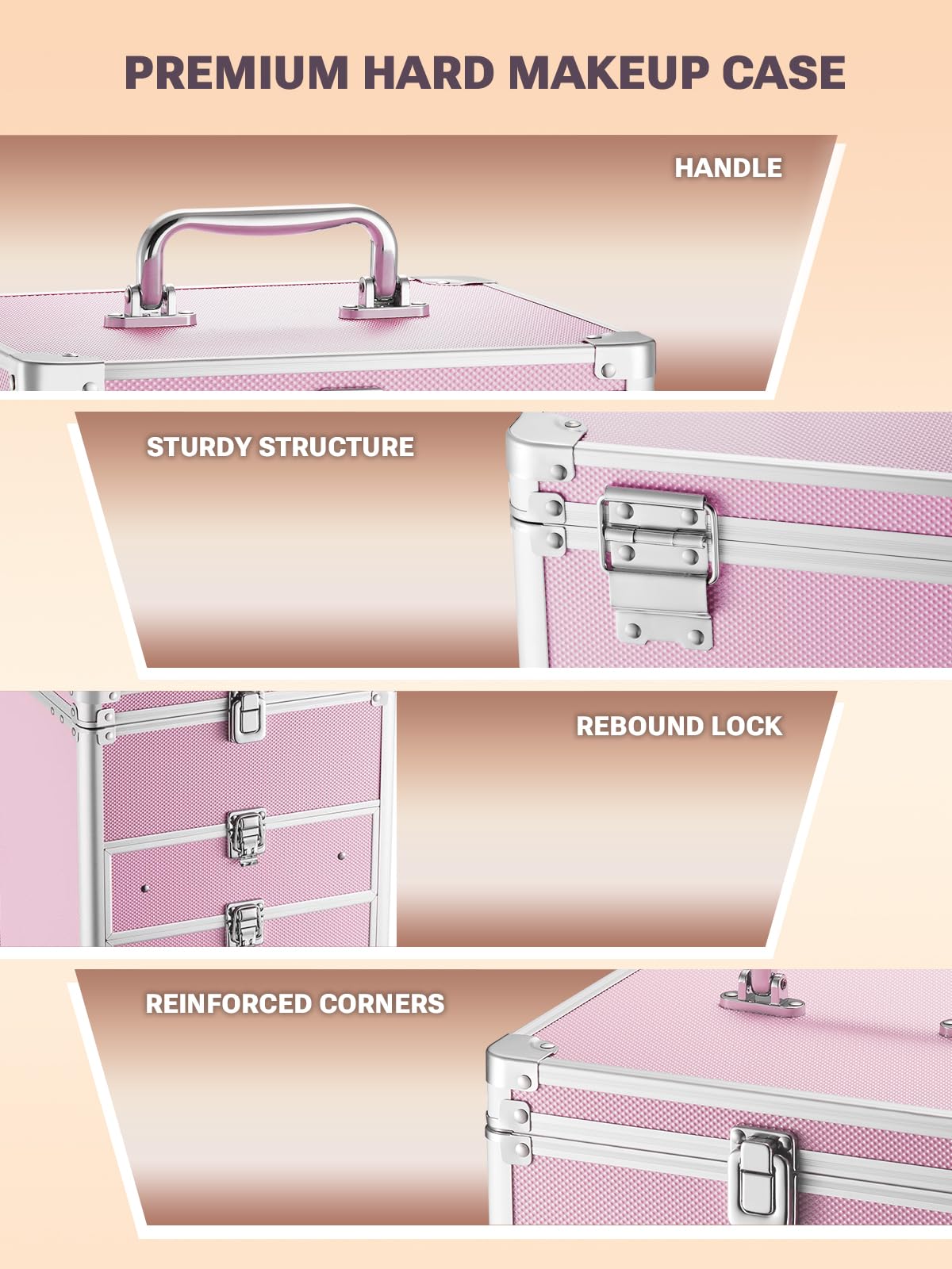 Qislee Makeup Box with Double Drawers and A Detachable Lighted Mirror, Waterproof Travel Train Case, Cosmetic Organizer and Makeup Suitcase with Adjustable Dividers, Magnetic LED Mirror (ICY Pink)