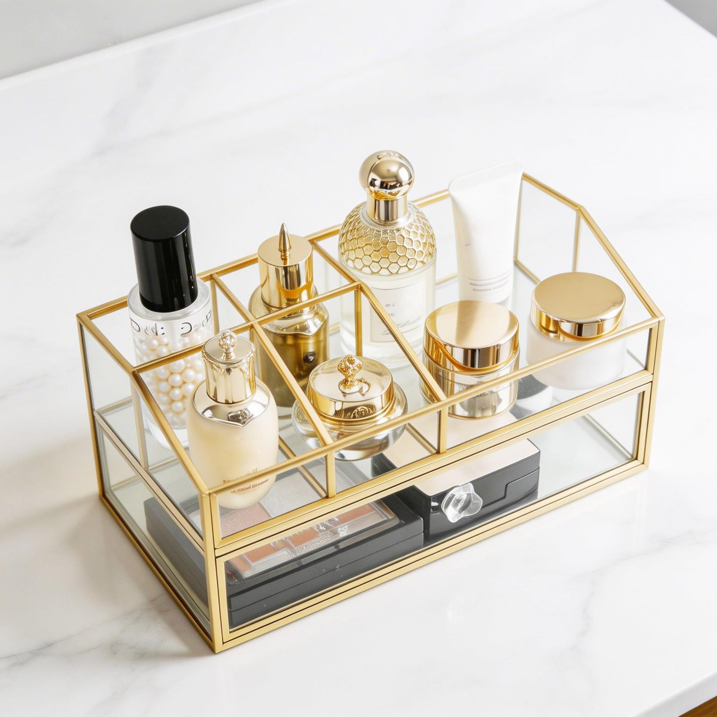 JIARI Glass Makeup Organizer with Drawer, Gold Brass Frame Jewelry Display Box, Nordic Style Cosmetic Storage for Vanity Bathroom Bedroom Office, 9.44x5.43x4.92 Inches (Storage Box-2 Tier)