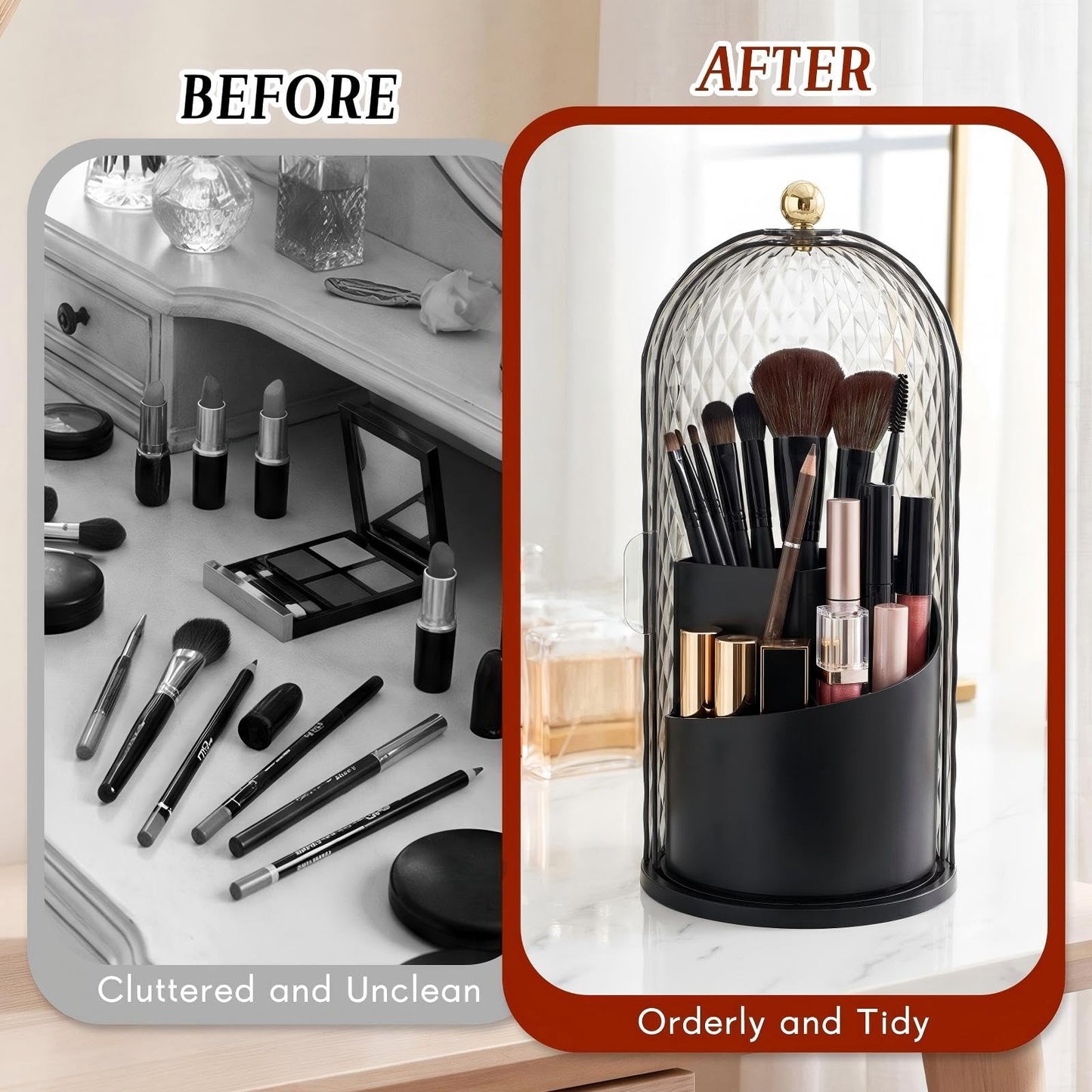Acellegic 4 Pack Makeup Brush Holder with Lid 360° Rotating Cosmetic Organizer with 3 Compartments Dustproof Beauty Brush Storage for Vanity Bathroom Countertop(Black)