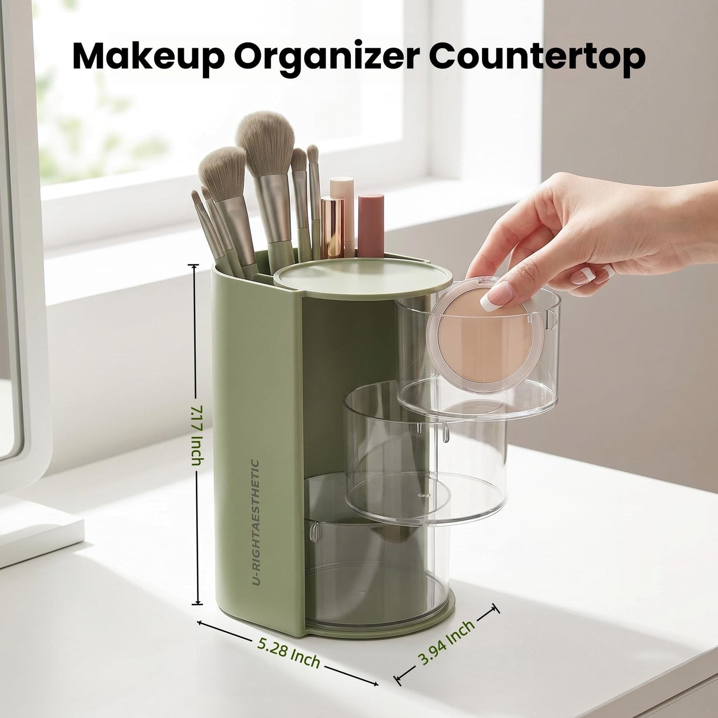 Lukzeezo Makeup Organizer with Makeup Brush Holder (Sage Green)