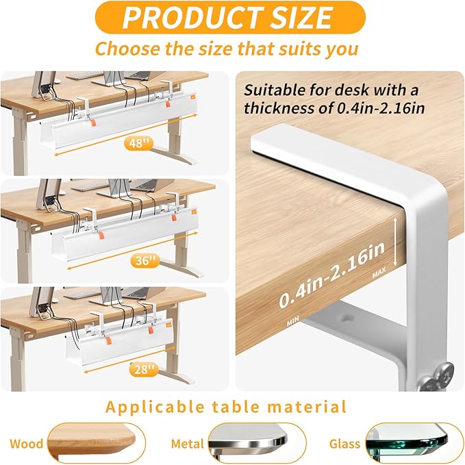 Under Desk Cable Management Tray, No Drill Desk Cord Organizer with Clamp, 48" Fabric Cable Management for Standing Desks Office & Home, White