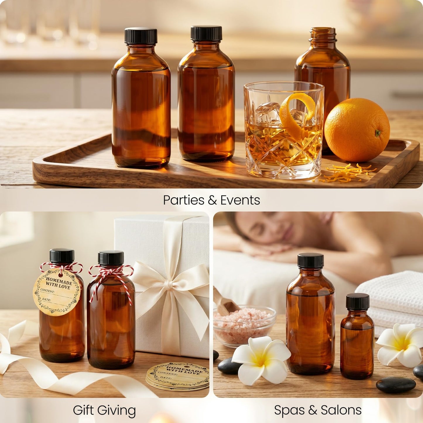 TBWIND 54 Pack 4oz Amber Glass Boston Round Bottles with Airtight Polycone Caps, Refillable Glass Bottles for Vanilla Extract, Homemade Liquids, Syrups, Oils & DIY Craft Brewing