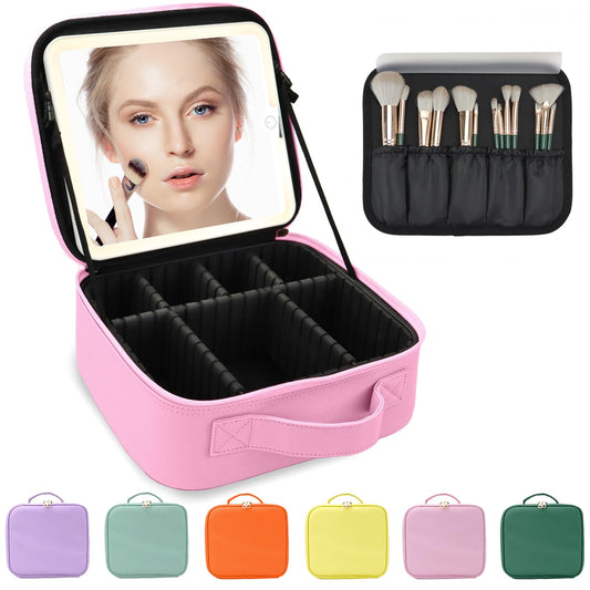 MORMID Makeup Bag with Led Mirror,Large Vanity Makeup Cases with 3 Color Setting,Portable Storage and Adjustable Dividers,for Women and Makeup Artists Cosmetic Organizer Travel Makeup Bag-Dark Pink