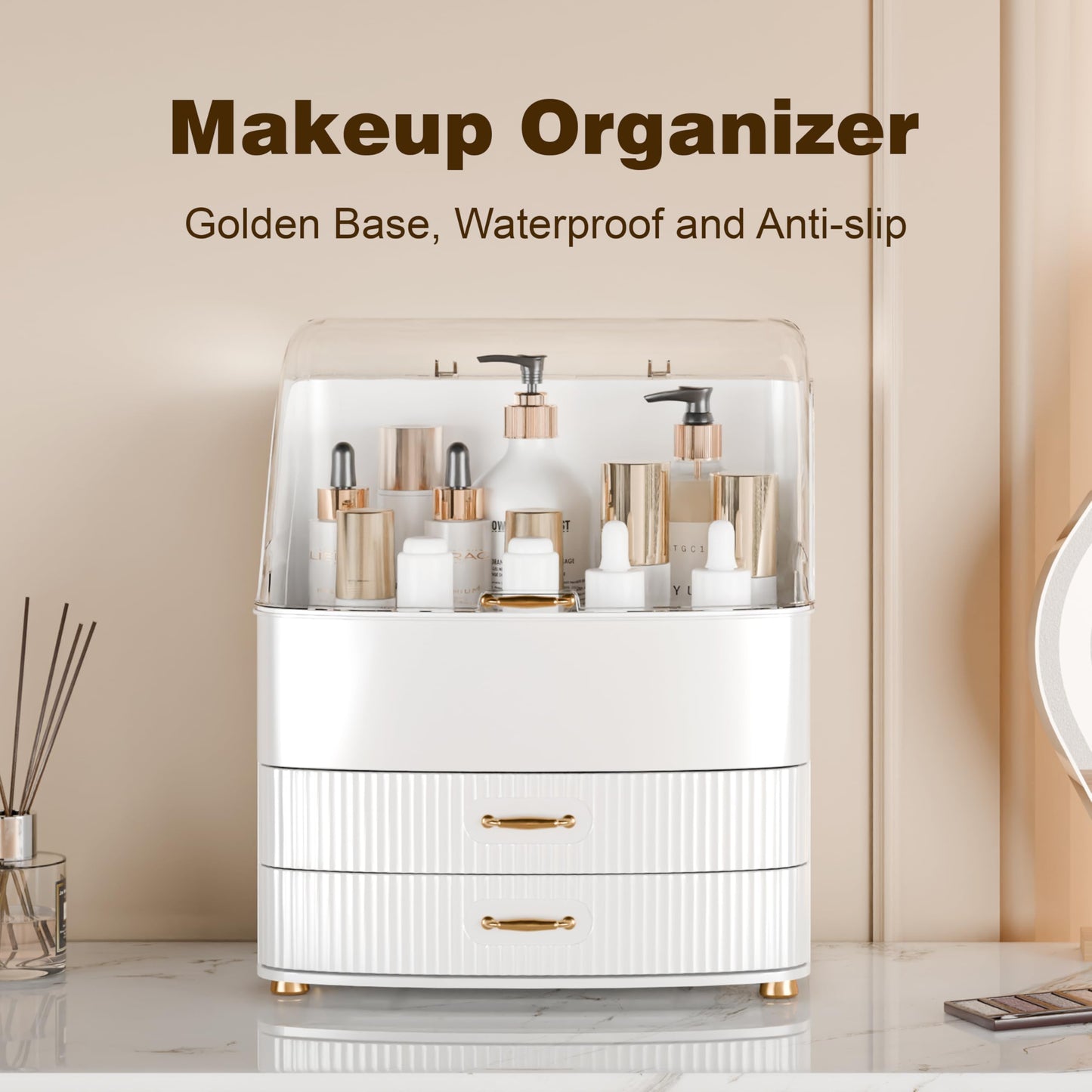 Plukers Makeup Organizer Countertop Vanity with Transparent Lid Drawers Waterproof Dustproof Cosmetic Skincare Bathroom Storage Gift for Women Teens Girls (White)