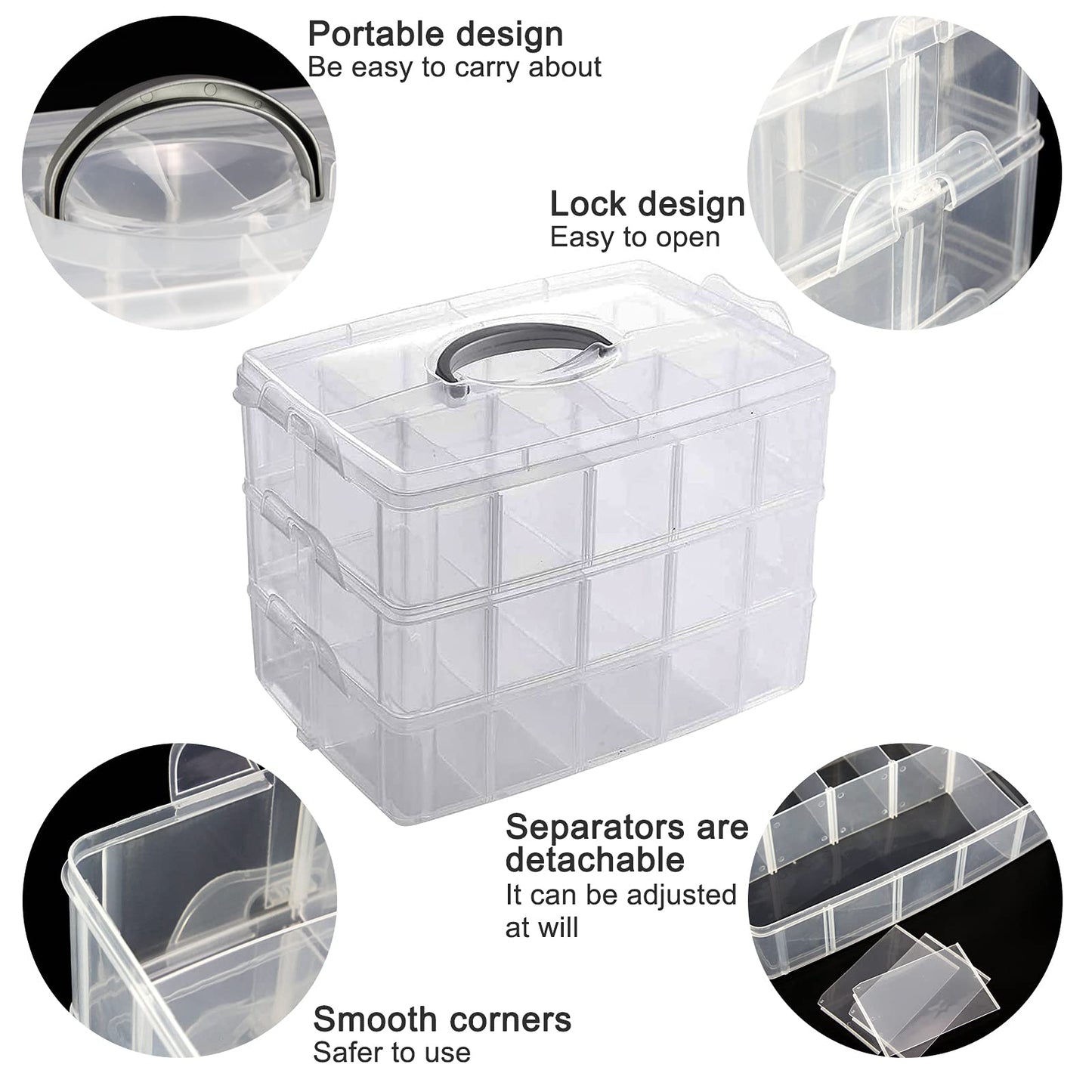 Guyuyii 3-Tier Stackable Bead Organizer with Adjustable Dividers and Handle