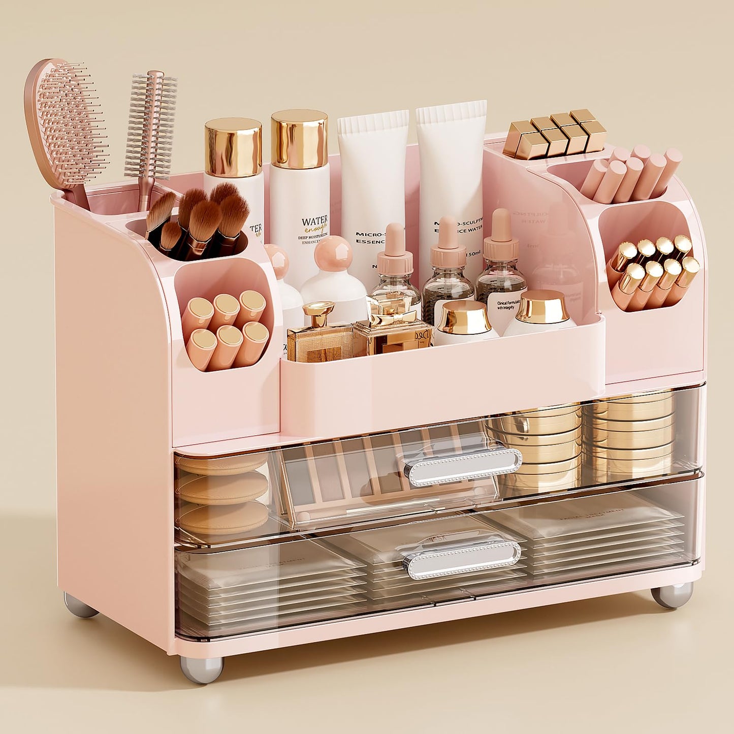 UFORU Makeup Organizer for Vanity with 2 Large Drawers, Cosmetic Display Case with Brush Holders, Easy to Storage for Bathroom Countertop Skincare, Perfume, Pink