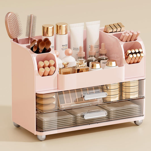 UFORU Makeup Organizer for Vanity with 2 Large Drawers, Cosmetic Display Case with Brush Holders, Easy to Storage for Bathroom Countertop Skincare, Perfume, Pink