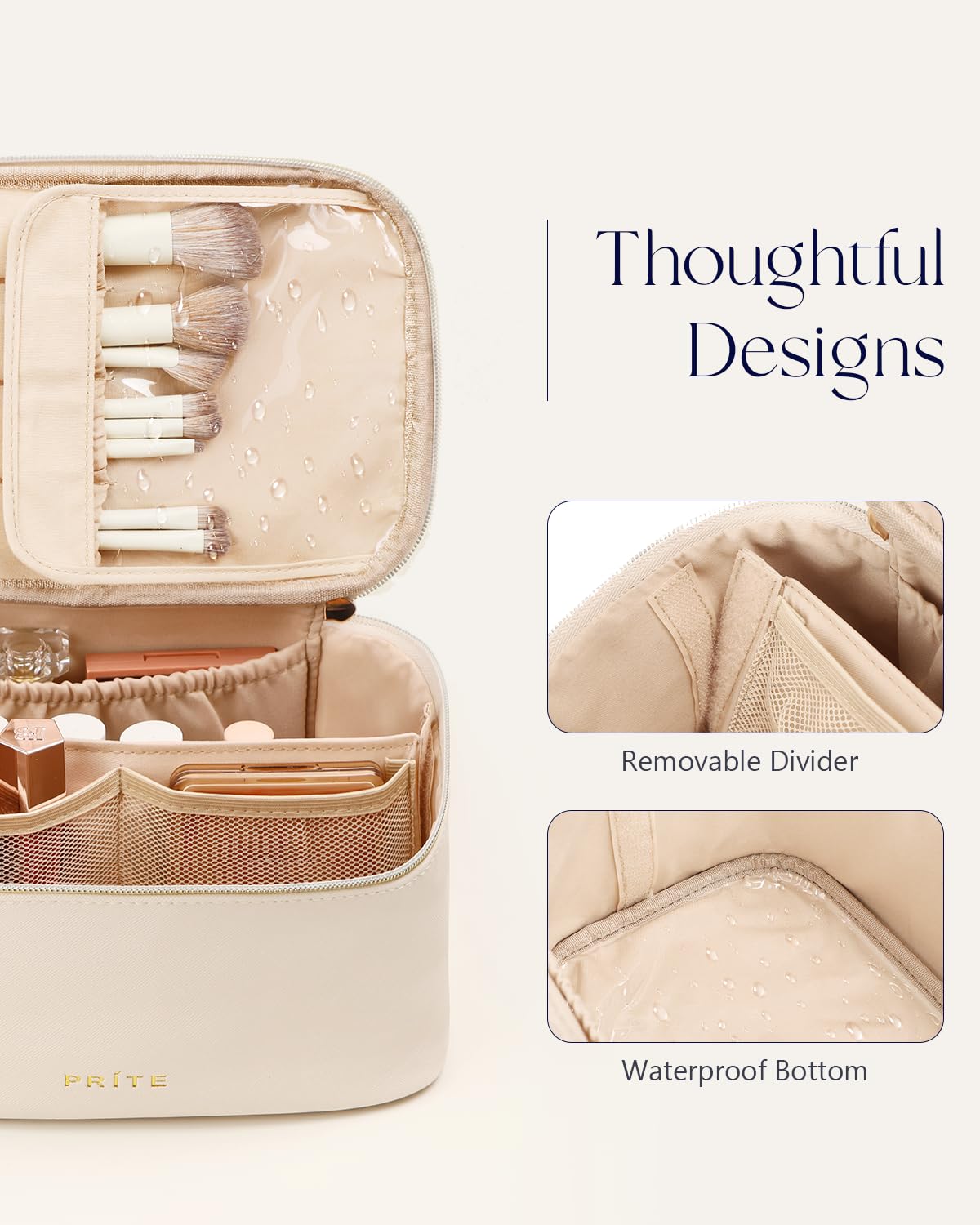Prite Makeup Bag, Large Capacity Cosmetic Bag for Women and Girls, Waterproof PU Leather Travel Makeup Case, Toiletry Organizer with Handle and Divider for Skincare and Brushes - Beige