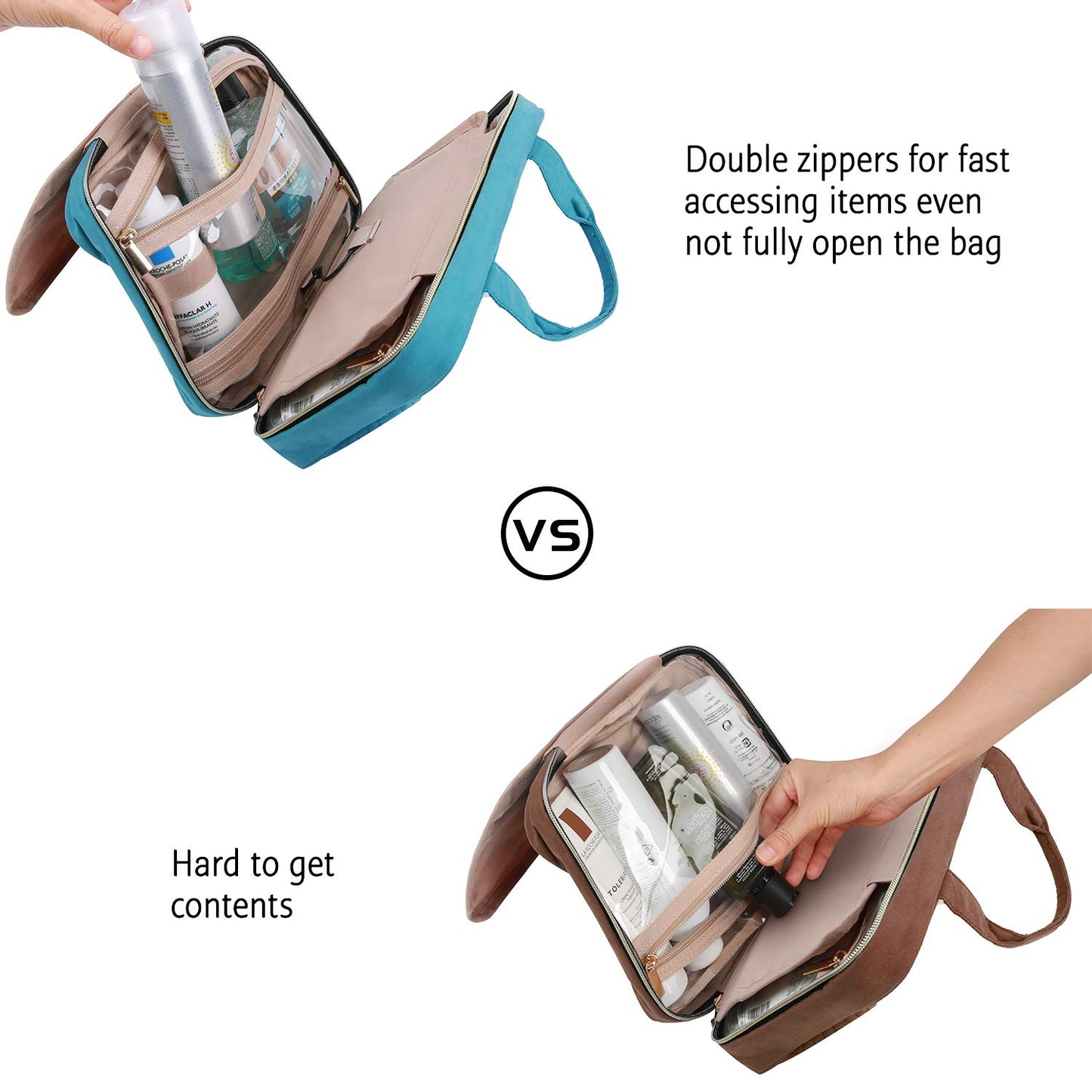 BAGSMART Toiletry Bag Travel Bag with hanging hook, Water-resistant Makeup Cosmetic Bag Travel Organizer for Accessories, Shampoo, Full Sized Container, Toiletries, Teal