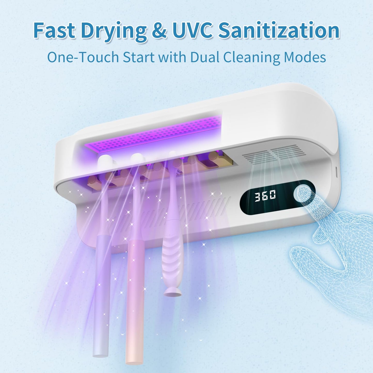 Zyntieu UV Toothbrush Sanitizer and Holder, Wall-Mounted Electric Toothbrush Cleaner with Air Drying & Countdown Timer, Long Battery Life, USB Rechargeable, 4 Slots Bathroom Toothbrush Holders
