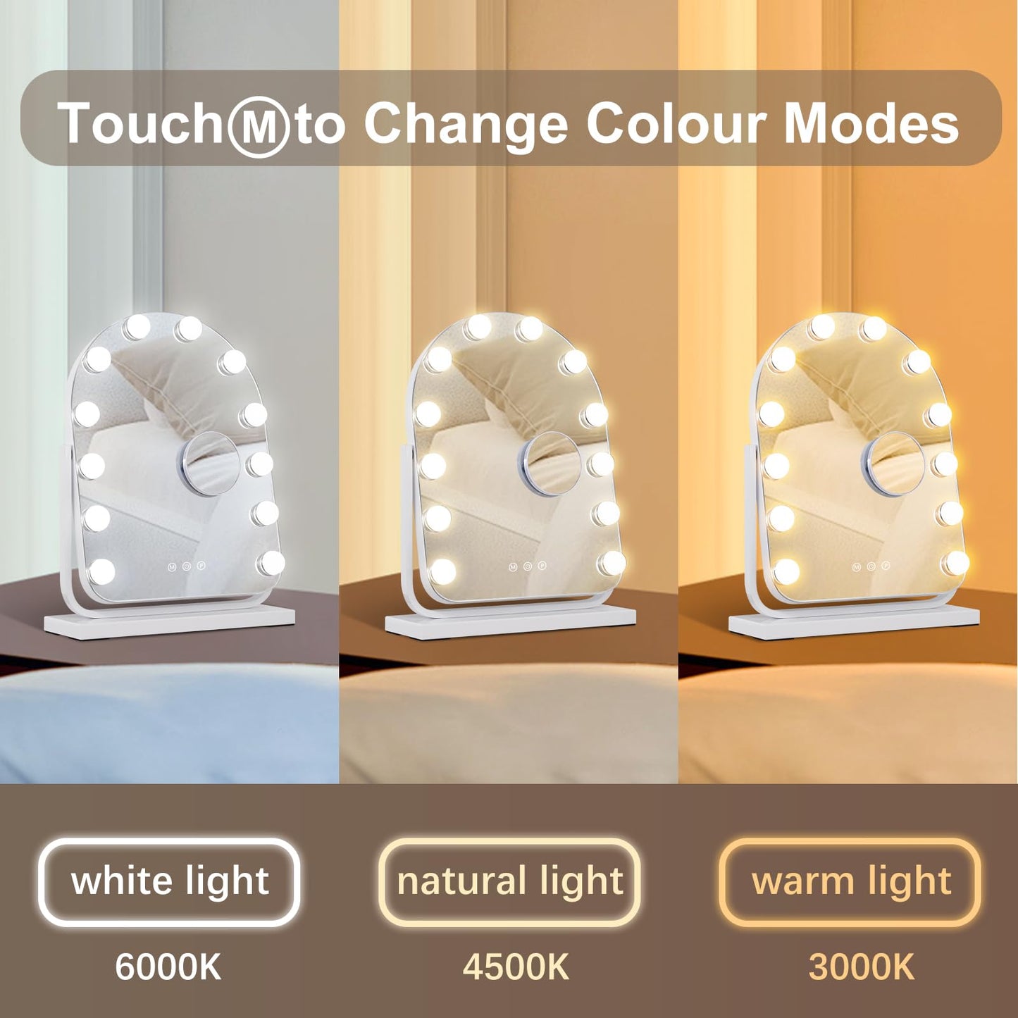 homtang Makeup Mirror with Lights-3 Modes,Smart Touch Control,Detachable 10X Magnification,15.7"×11.8" Hollywood Vanity,360° Rotation （White）