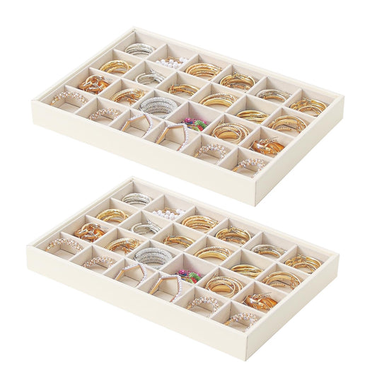 Ausalivan Stackable Jewelry Organizer Tray For Drawers,White Leather Small Earring Storage Tray,Bracelet And Necklace Display Box,Jewelry Ring Display Case (24 Grids)