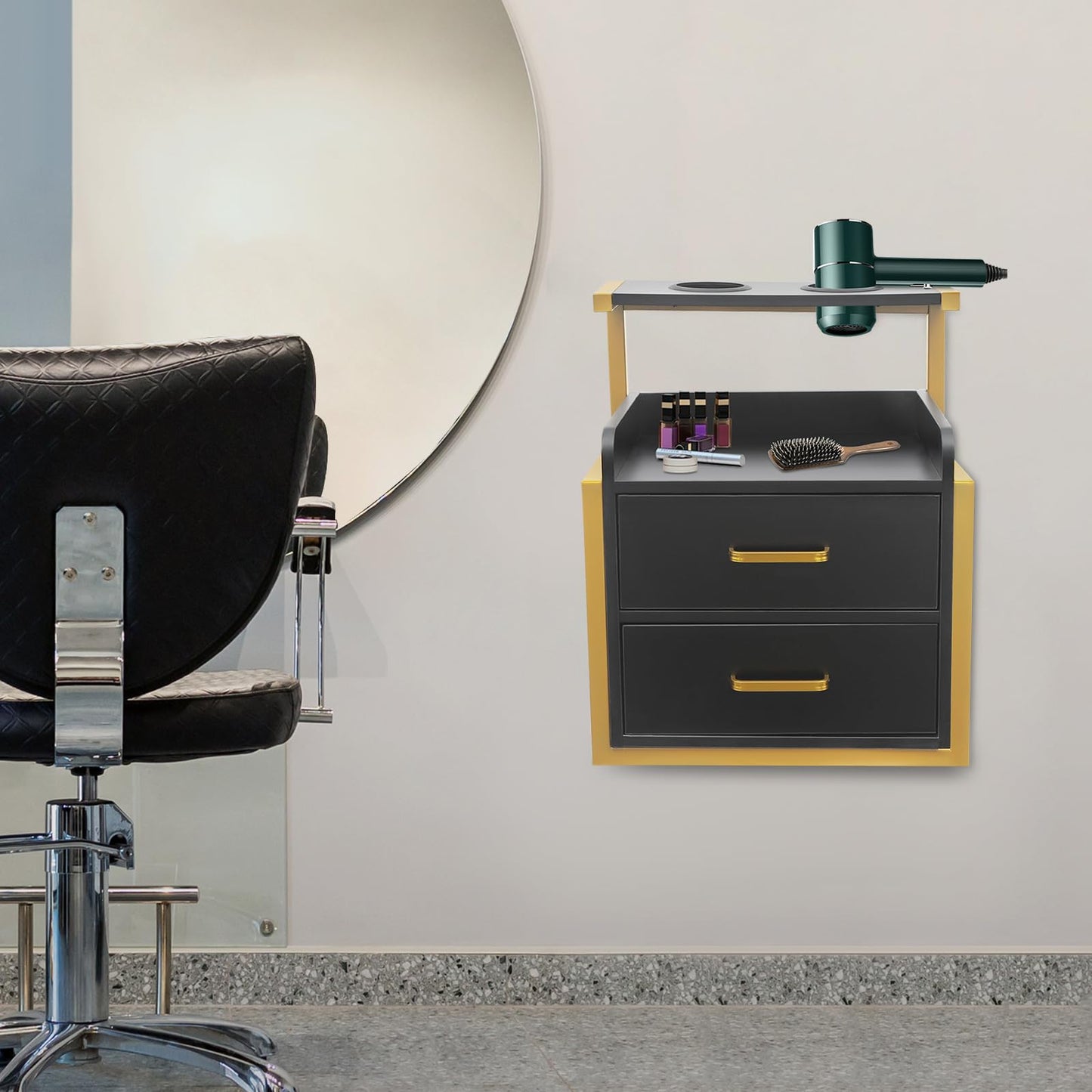 Eapmic Salon Cabinet with Drawers, Suspended Salon Wall Cabinet, Salon Stations Salon Table with 2 Drawers, Stylist Storage Cabinet Beauty Station with 2 Hair Dryer Holders (Gold＋Black)