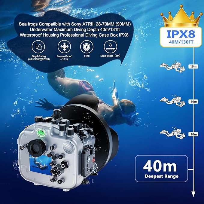 Sea frogs Underwater Camera Case Compatible with Sony A7RV for FE 28-70 F3.5-5.6 OSS Lens IPX8 40m/130ft Maximum Diving Depth A7R-5 Waterproof Camera Housing for Diving, Surfing, Rowing, Skiing A7R-V