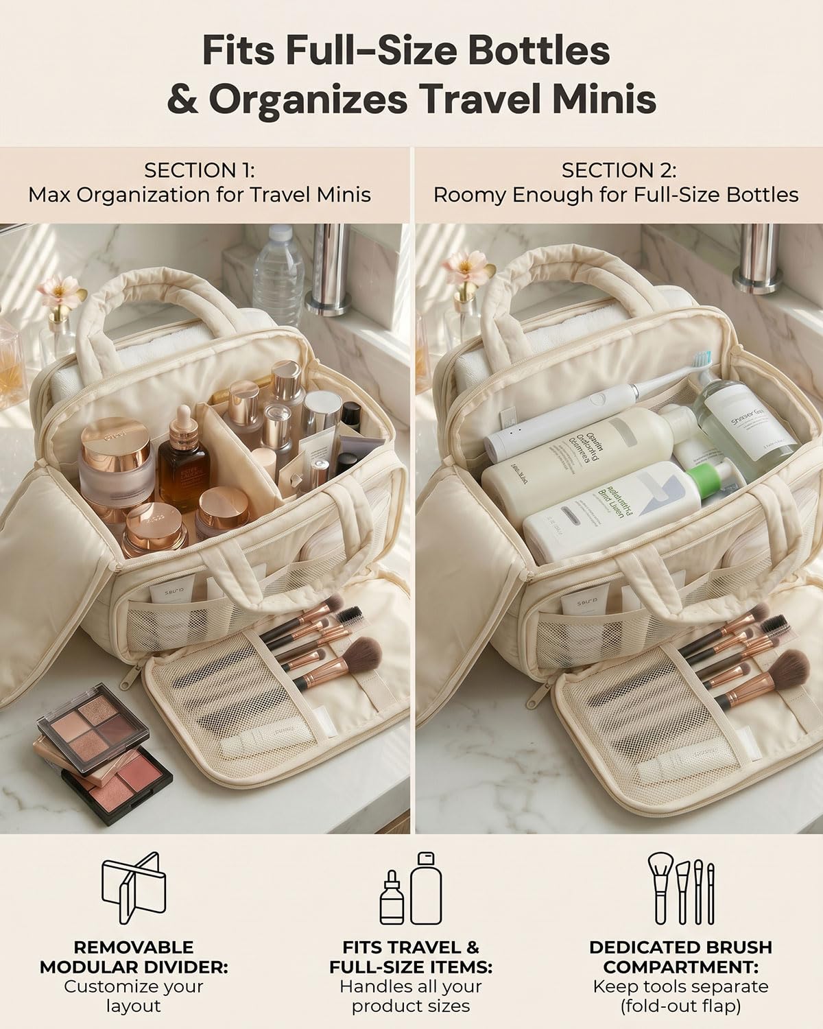 VPBAGE Large Quilted Toiletry Bag for Women, Puffy Travel Makeup Organizer with Removable Divider & Shoulder Strap, Waterproof Standing Cosmetic Case for Full-Size Toiletries, Gym, Vacation