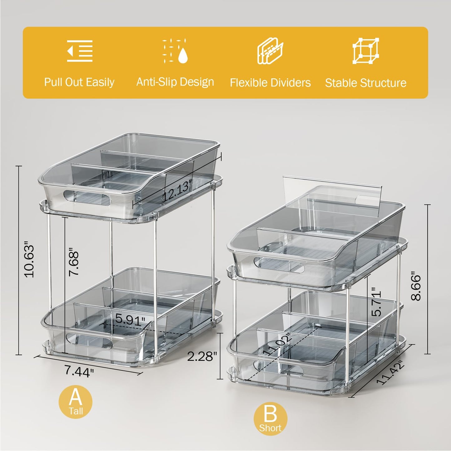 Delamu 2-Tier Under Sink Organizers and Storage, Multi-Purpose Stackable Bathroom Cabinet organizers, Pull Out Kitchen Pantry Organization and Storage with Dividers(2 Pack, Grey)