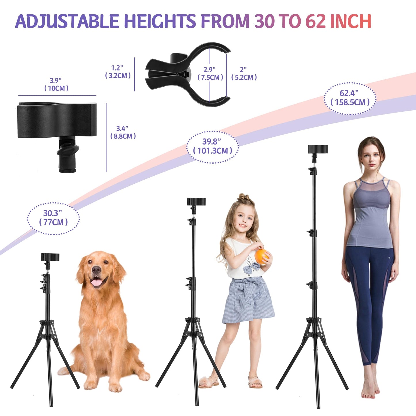 Hands-Free Hair Dryer Stand for Home Blow Drying, DIY Styling, Salon&Live Streaming Ideal for Long Hair Women Busy Moms People with Arm Shoulder Pain 30-62 Inch Adjustable Height Tripod, 360° Rotation