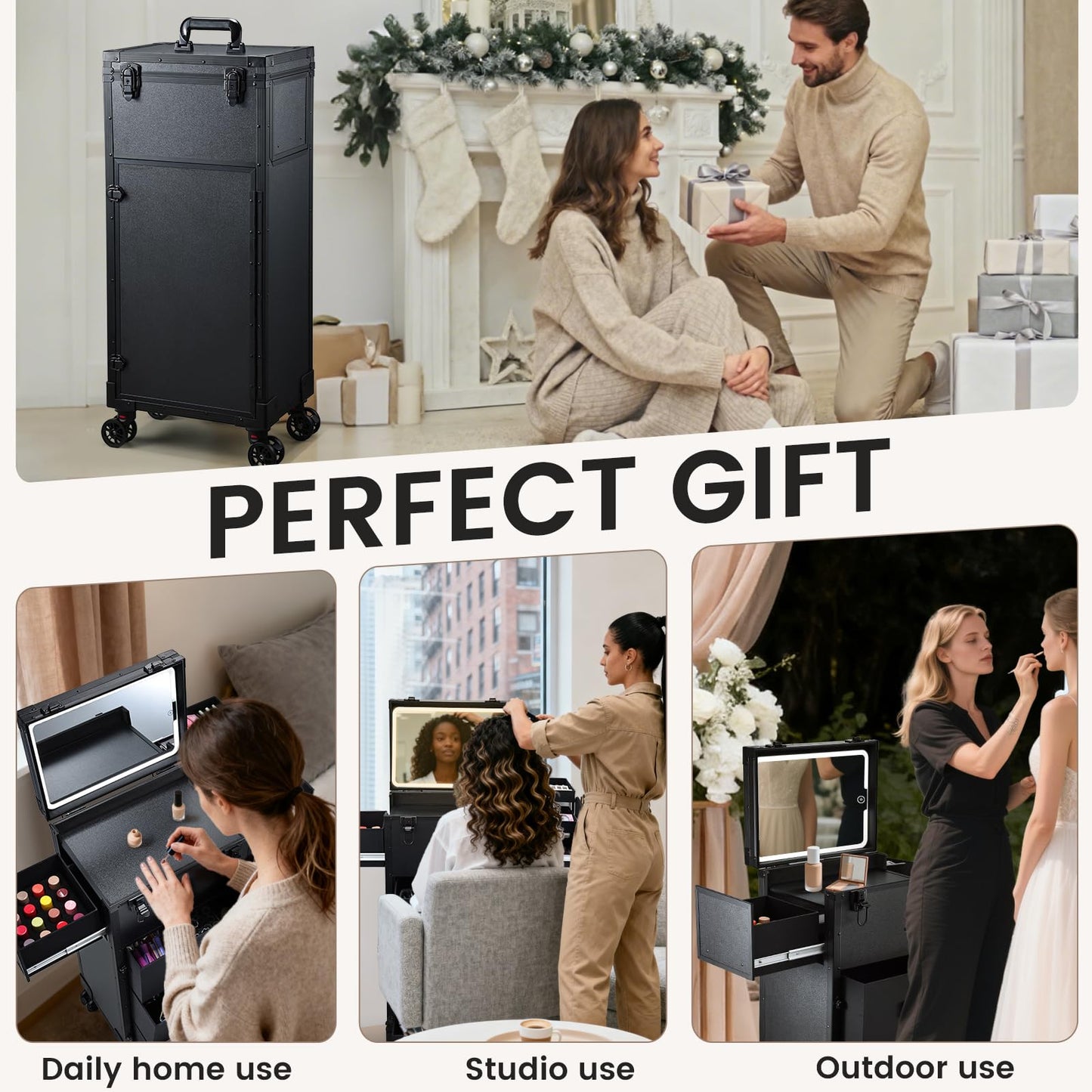 Rolling Makeup Case with LED mirror, Cosmetology Case on Wheels with Lighted Mirror, Professional Salon Trolley Cart with 3 Drawers,Travel Makeup Lockable Beauty Organizer with Live Stream Light