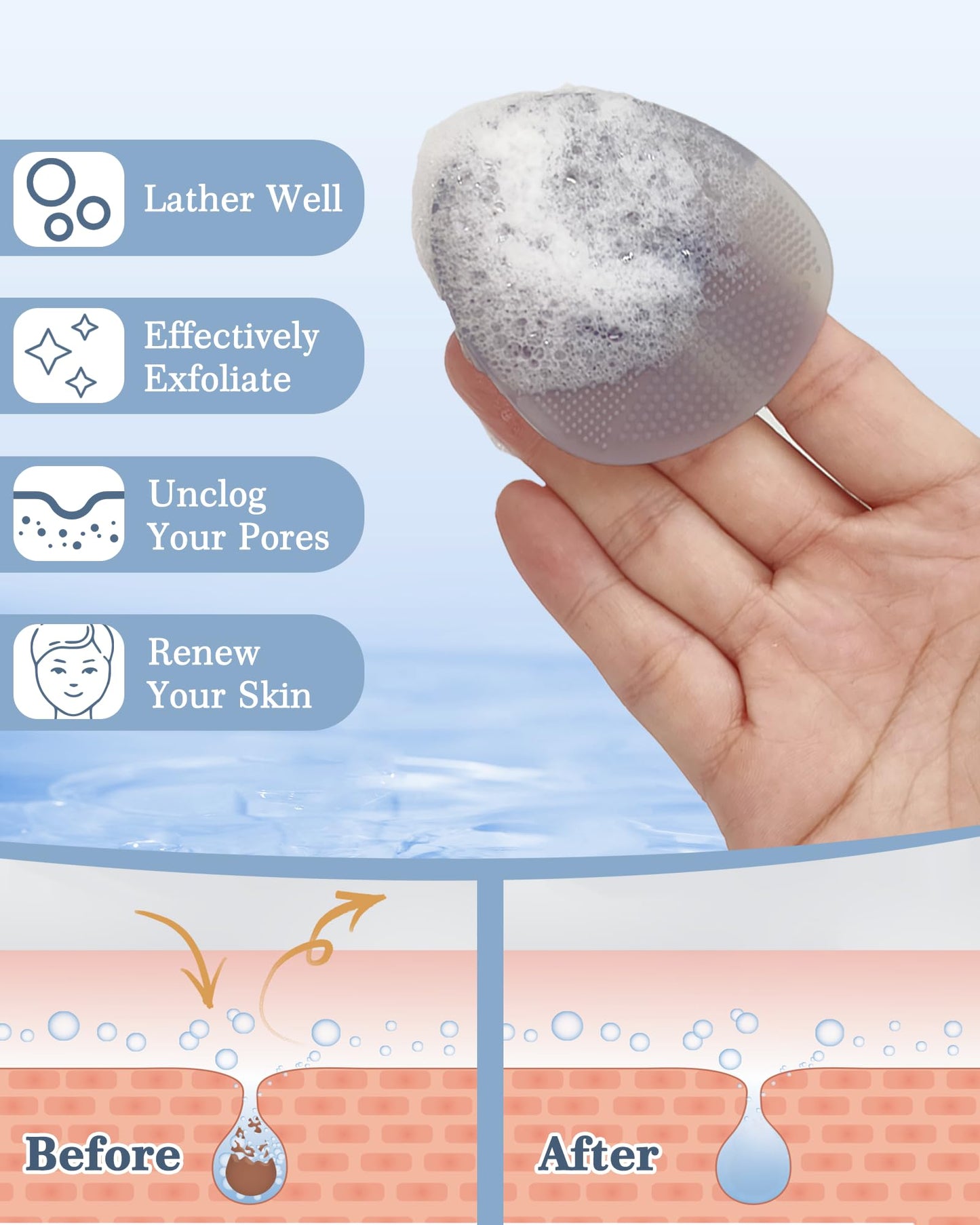 Manmihealth Silicone Back Scrubber (Thick Bristles) & Bath Glove & Face Brush Set (3PCS), Super-Exfoliating & Lathering Body Scrubber, Shower Brush, Face Scrubber Combination, with a Free Hook (Gray)