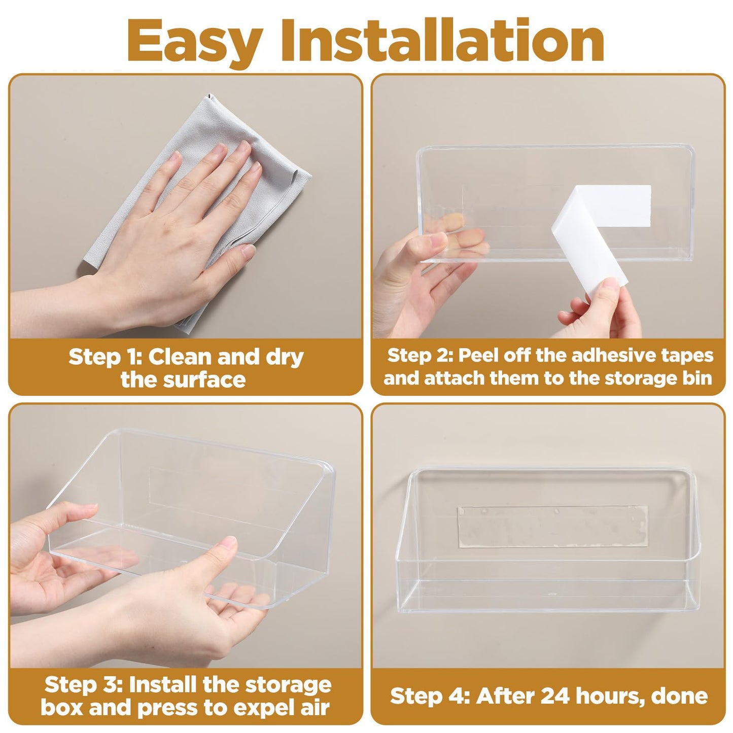 4 Pack Clear Wall Mounted Storage Organizer – No Drill Adhesive Shelves for Bathroom, Kitchen, Bedroom, Mirror Cabinets – Transparent PS Plastic Organizer Bins (7.9” x 3.4” x 3.3”)