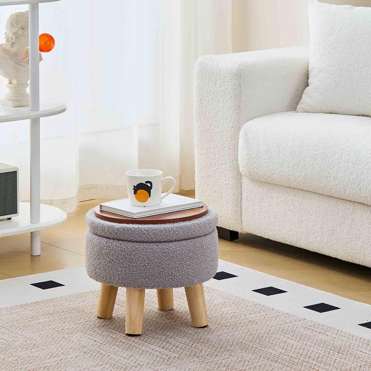 Wimarsbon Storage Ottoman, Modern Round Footrest with Soft Padded Seat, Teddy Velvet Footstool with Wood Legs, Accent Small Table or Plant Stand for Hallway, Living Room (Grey)