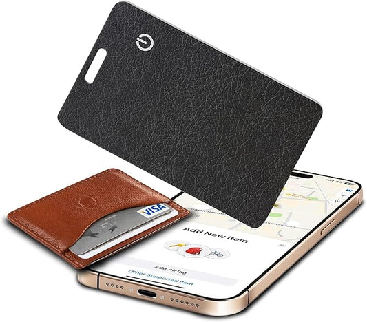 Wallet Tracker Card, Slim Rechargeable Bluetooth Item Locator, Smart Finder Compatible with Apple Find My for Wallet, Luggage, Passport, IP68 Waterproof (iOS Only) (Leather Texture Black)
