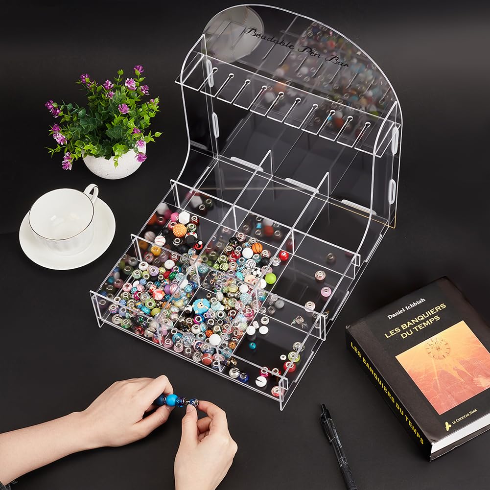 NBEADS Beadable Pen Storage Organizer, Acrylic Pen Display Stand with Sorting Tray 10 Slots with 9 Grid Organizer Box for DIY Home Office Desk School Supplies