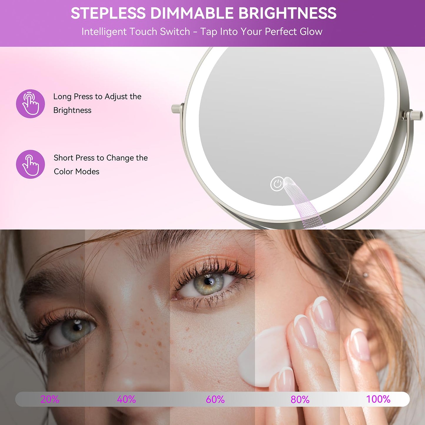 Auxmir 9" Large Lighted Makeup Mirror with Magnification, 1X/30X Double Sided Magnifying Mirror with Adjustable Height, Rechargeable Vanity Mirror with 3 Color Dimmable Lights, 360° Rotation