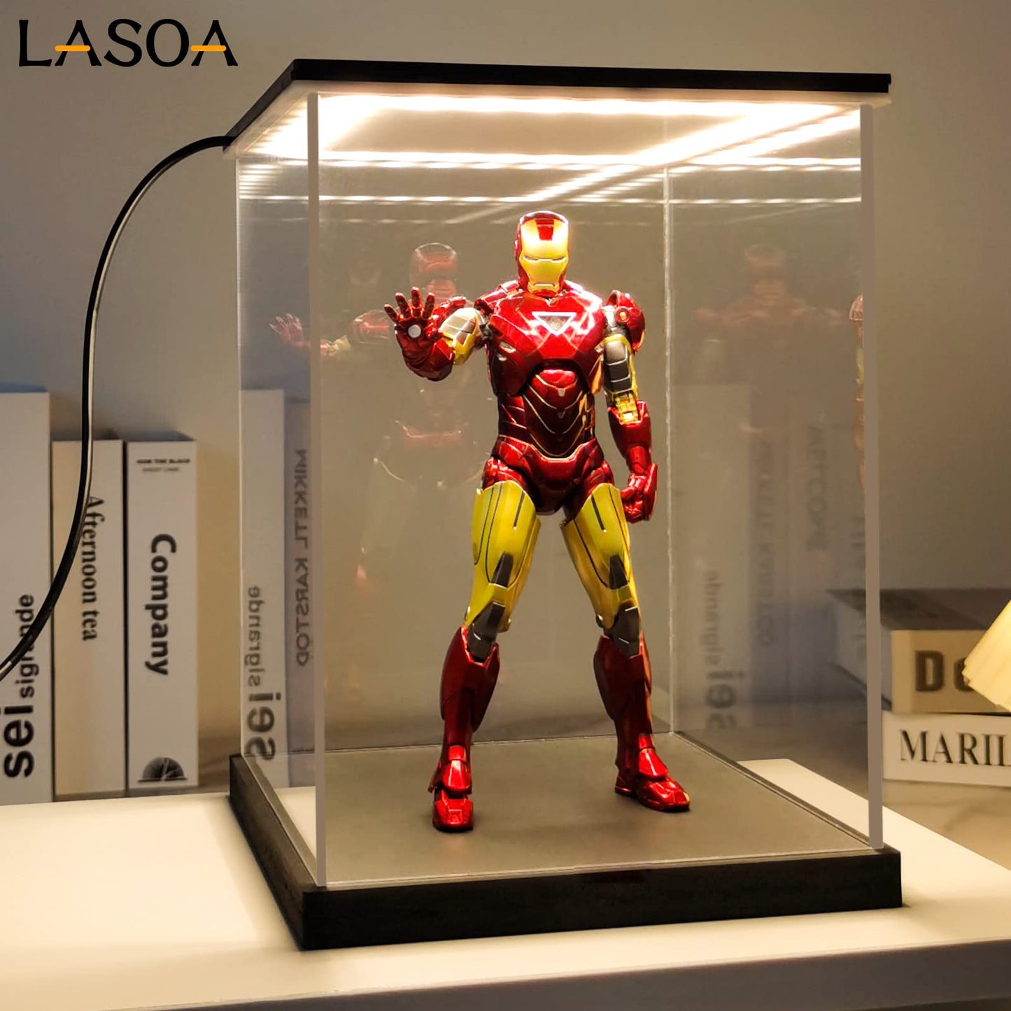 LASOA Acrylic Display Case for Collectibles with LED Light, Alternative Glass Display Box with Black Base and Lid, Self-Assembly Clear Storage Showcase for Memorabilia (9.8x9.8x11.8inch;25x25x30cm)