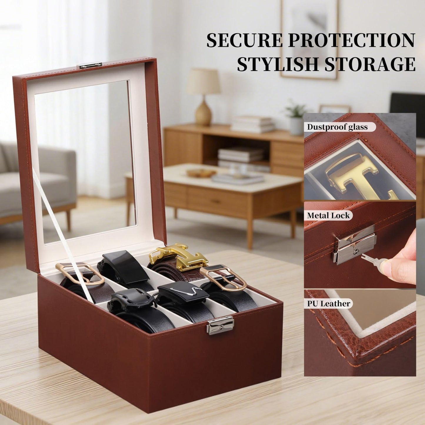 AUTOARK PU Leather Belt Organizer with 6 Compartments & Transparent Glass Top,Compact Storage for Belts,Ties,and Accessories,Perfect for Men,Women,and Home Organization,Brown,MKAW242