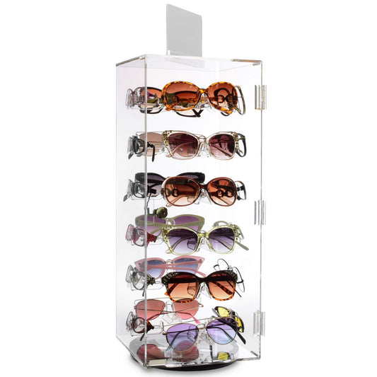 MOOCA Premium Acrylic Lockable Rotating Sunglass Display Case, Acrylic Sunglasses Organizer, Eyewear Display Stand, Eyeglass Case, Eyeglass Case With Mirror, 24 Frames