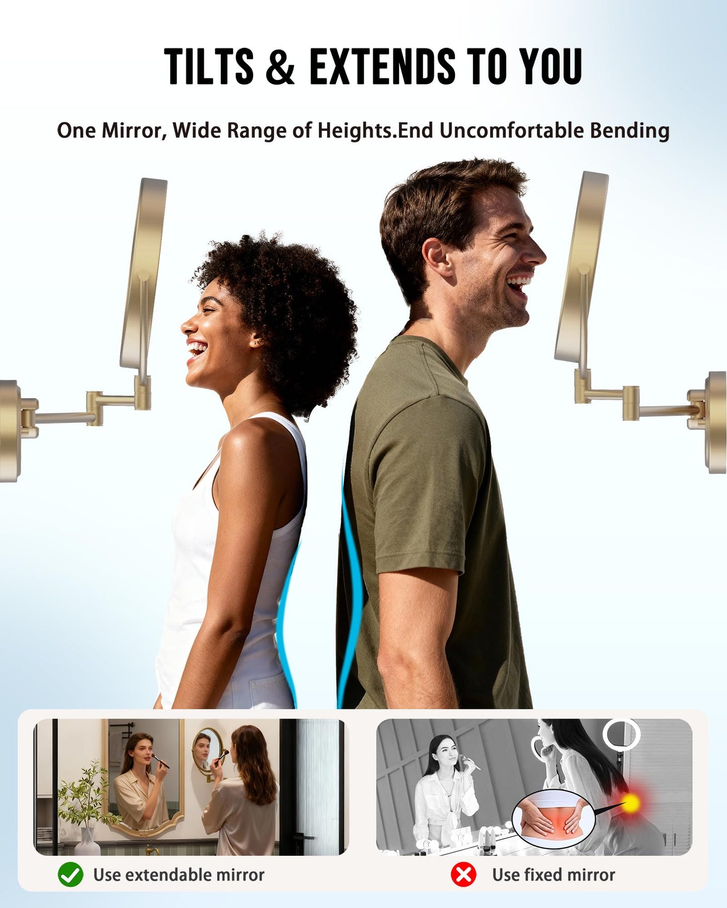 BrassyColux 10" Wall Mount Magnifying Mirror with Light Gold, Plug-in 1X/5X Powered Double-Sided 3 Color Touch Dimmable Extended Arm Cosmetic Light up Mirror for Bathroom, Satin Brushed Gold