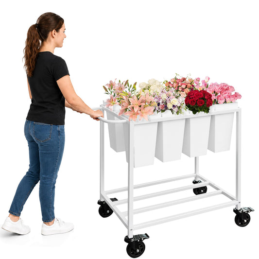 Verssure Flower Cart with 8 Buckets,Flower Cart Display Stand with Wheels,Bloom Bar,Flowers Stand for Wedding ,Party and Home Decor (White)