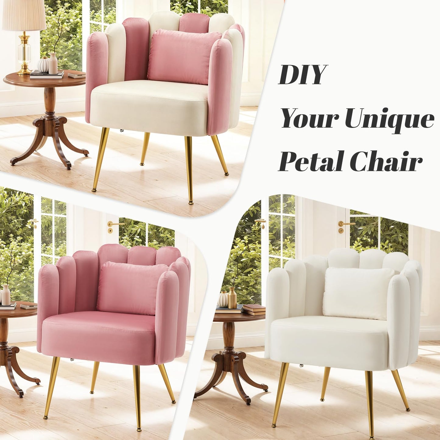 HOMREST Vanity Chair with Back,Velvet Accent Chairs,Petal Backrest Decorative Chair,Removable Pillow & Gold Legs - Plush Lounge Chair for Vanity, Living Room, Bedroom - Beige