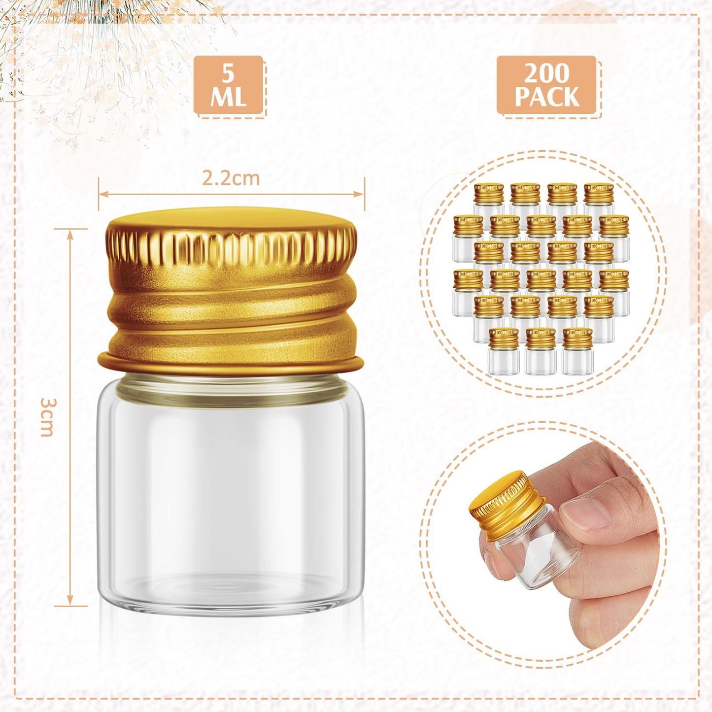 Tessco for you 200 Pcs 5 ml Mini Glass Bottles with Aluminum Cap Tiny Jars Mini Glass Jars Small Clear Vials with Screw Caps Tiny Containers for DIY Craft Storage (Gold)
