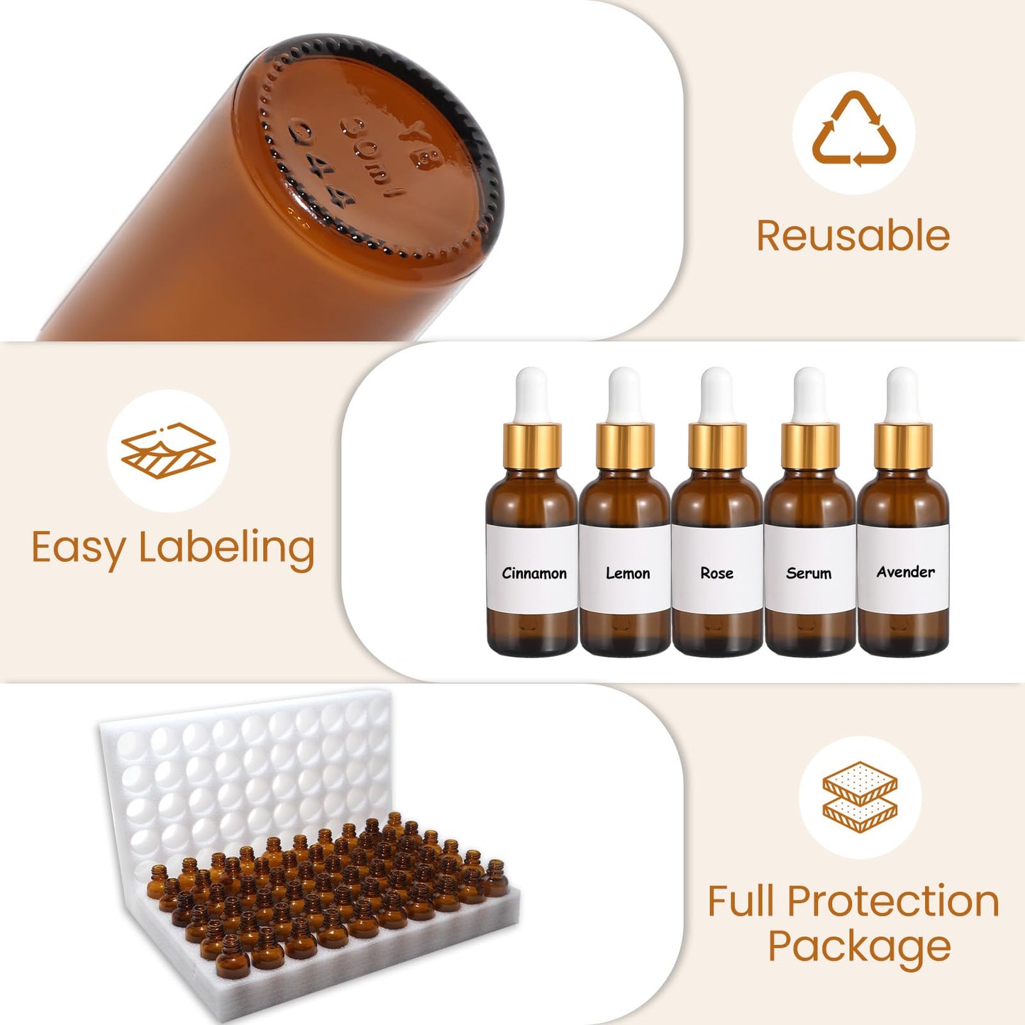 UPBUD 50Pack 1oz Amber Glass Dropper Bottles with Gold Lids, Funnels, Droppers, Extra Caps & Labels – Leakproof, UV Resistant 30ml Empty Bottle for Tinctures, Essential Oils, Beard, Hair Oils