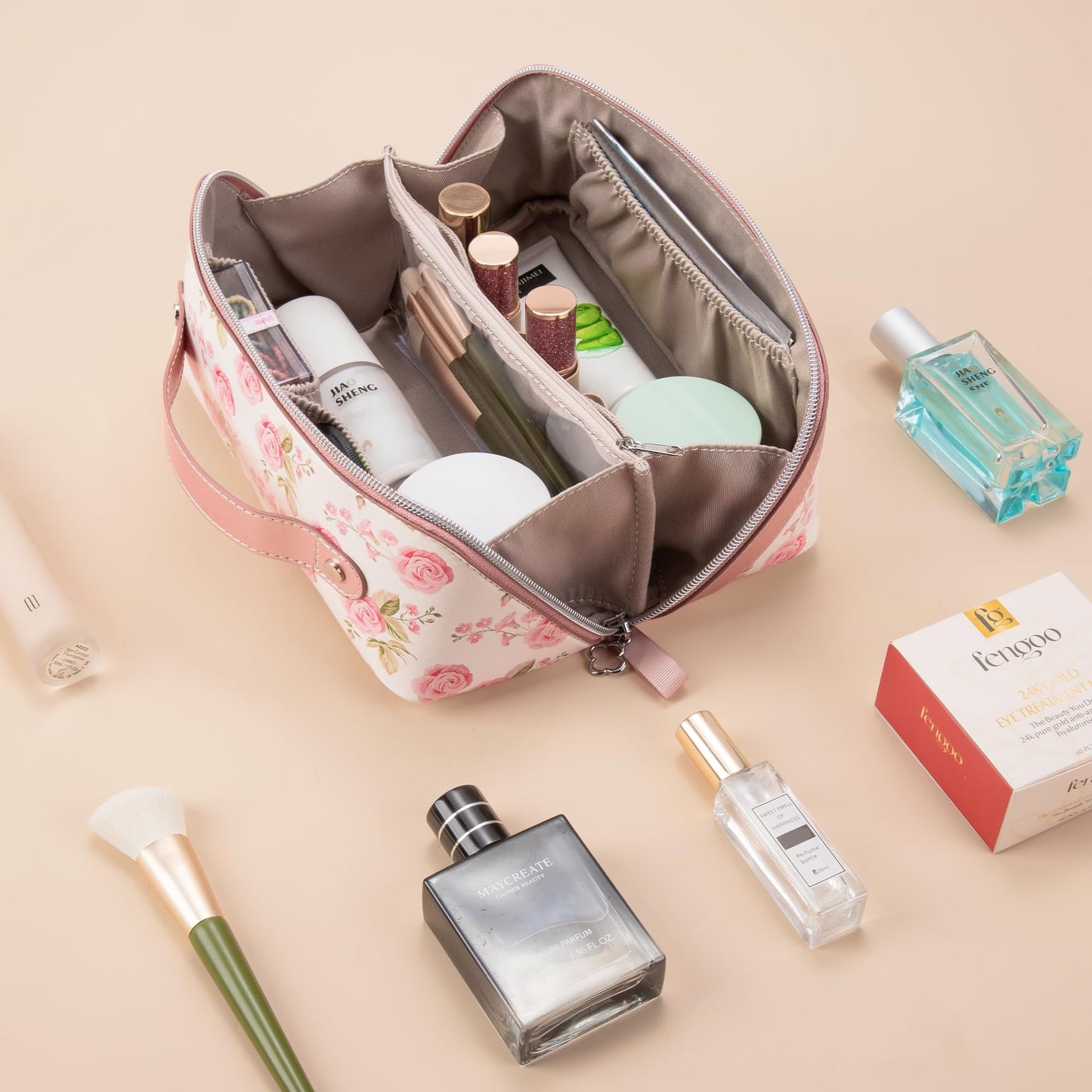 Mrsdry Travel Makeup Bag，Large-capacity waterproof cosmetic bag，Travel bags and toiletries bags for women，PU leather material，Multi-zone and large opening design (Rose Gold flower)