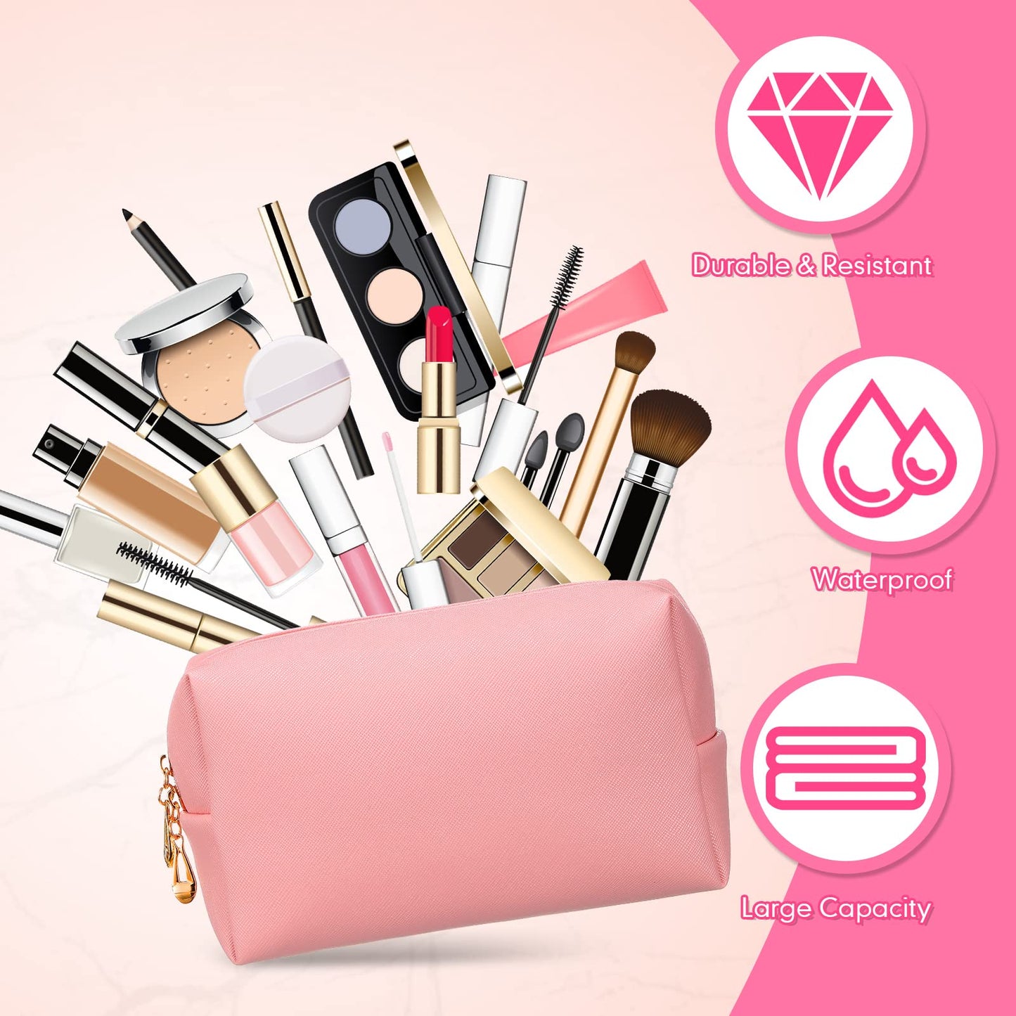 Kigeli Aesthetic Makeup Bags PU Leather Cosmetic Pouches Waterproof Plain Toiletry Bags Makeup Pouches Bulk for Women Party Gift Travel Storage Organizer(Pink,7.1 x 2.8 x 4.3 in)