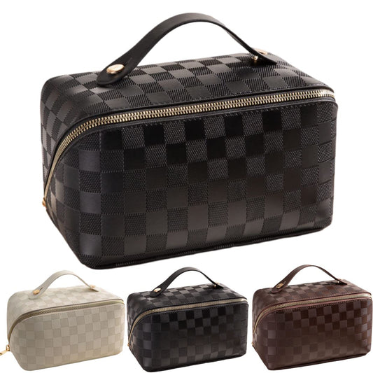 BIVIZKU Large Capacity Checkered Makeup Bag Portable Travel Cosmetic Bags Open-Flat Toiletry Bag for Women Girls Make Up Organizer with Divider Pouch Zipper Bag (black-checkered)