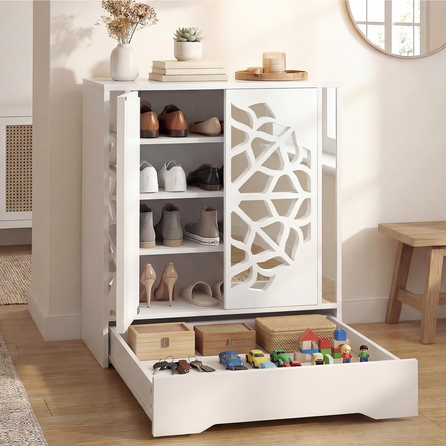 Giantex Shoe Cabinet with Drawer, 6-Tier Shoe Organizer Cabinet with Mirrored Doors, Removable Shelves & Floral Patterns, Shoe Storage Cabinet for Entryway, Hallway, Foyer, Living Room, White