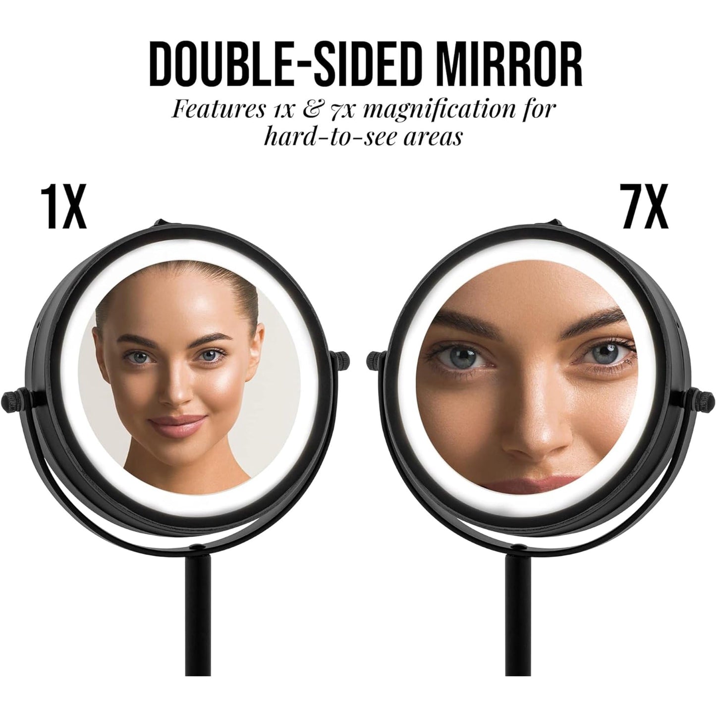 OVENTE 6" Lighted Makeup Mirror with 1X/7X Magnification, Cordless Tabletop Mount Vanity Round Mirror with 360° Swivel Design and Double Sided Cool Tone LED Ring Light, Matte Black MLT60B1X7X